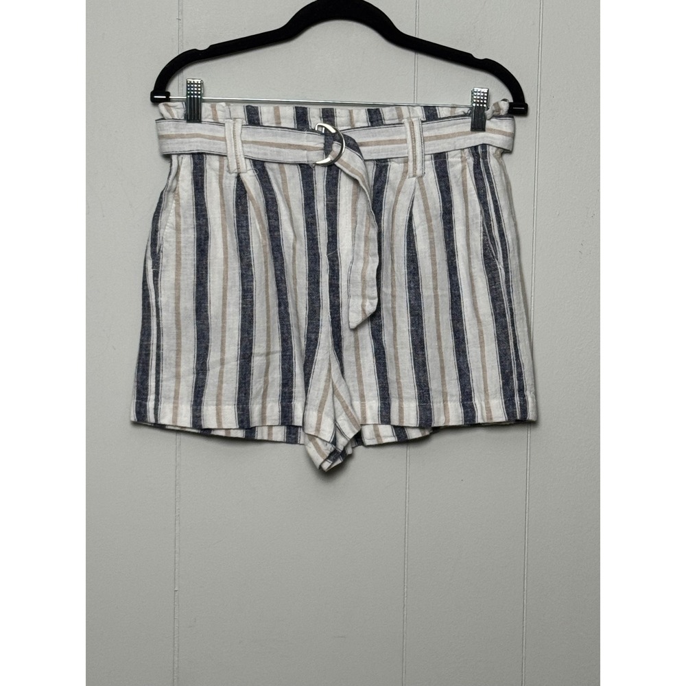Love Tree Womens Linen Blend Striped Paperbag Waist Shorts Navy Tan White Size M